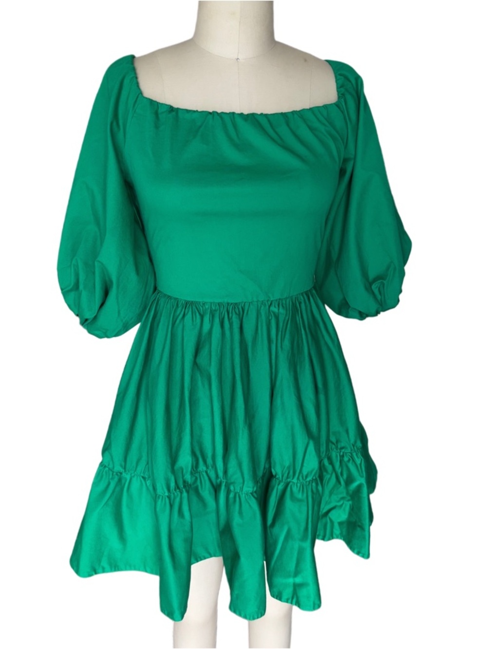Imperial Off-Shoulder Emerald Green Tiered Mini Dress Made in Italy - Picture 2 of 6